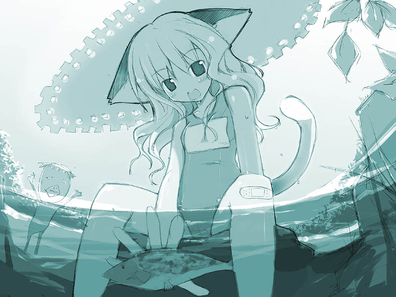 animal animal_ears bandaid bandaid_on_knee blue cat_ears cat_tail copyright_request fish flat_chest hat kappa monochrome one-piece_swimsuit partially_submerged school_swimsuit sitting solo straw_hat sun_hat swimsuit tail togami_masaki water