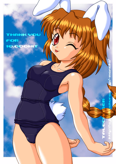 ;p animal_ears brown_hair bunny_ears hits manaki_shigehiro one-piece_swimsuit one_eye_closed red_eyes school_swimsuit solo swimsuit talechaser tongue tongue_out watermark web_address