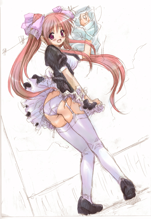 apron artist_request ass black_dress blush bow copyright_request dress dress_lift garter_belt hair_bow lingerie long_hair maid mary_janes panties petticoat purple_eyes red_hair shoes solo thighhighs twintails underwear white_legwear white_panties wind wind_lift