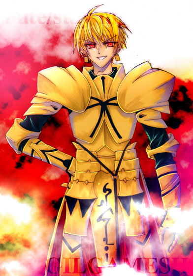 armor artist_request blonde_hair character_name copyright_name fate/stay_night fate_(series) gilgamesh male_focus smile solo