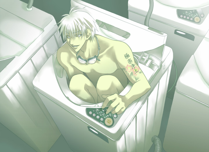 character_request goggles in_container male_focus nangoku_banana nude original solo tattoo washing_machine what white_hair yellow_eyes