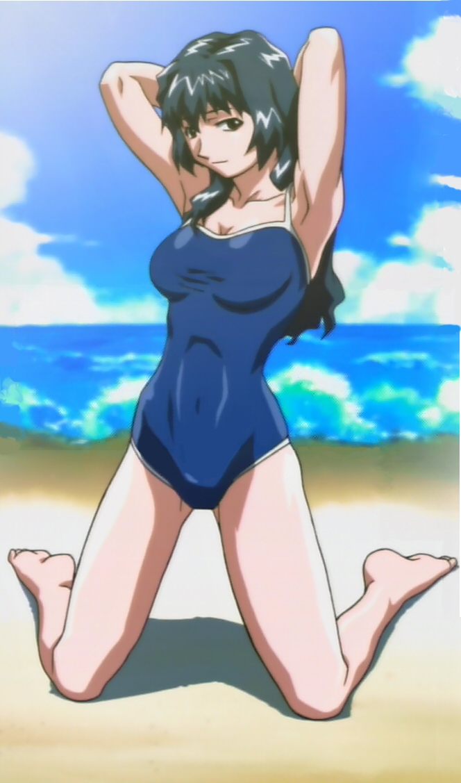 armpits arms_up beach breasts day kneeling large_breasts one-piece_swimsuit onegai_teacher onegai_twins oribe_tsubaki outdoors school_swimsuit screencap solo swimsuit