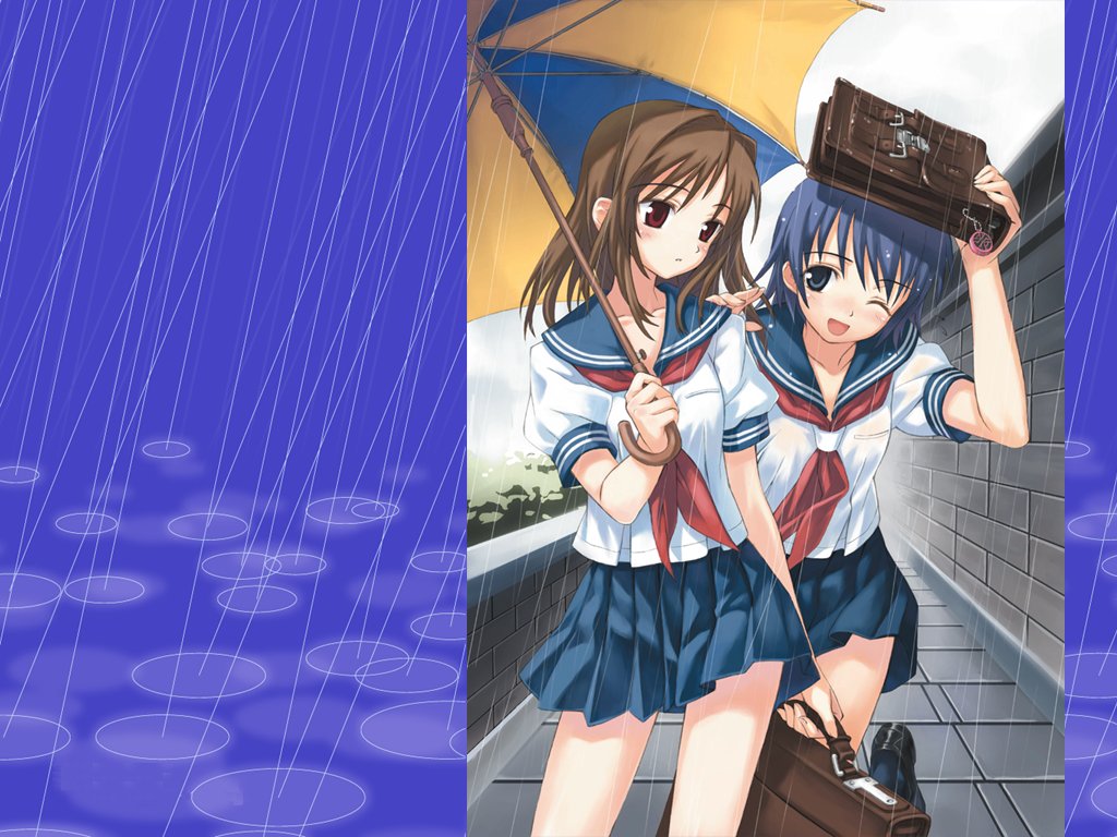 bag blue_hair brown_hair copyright_request matsuryuu multiple_girls rain school_bag school_uniform umbrella wallpaper