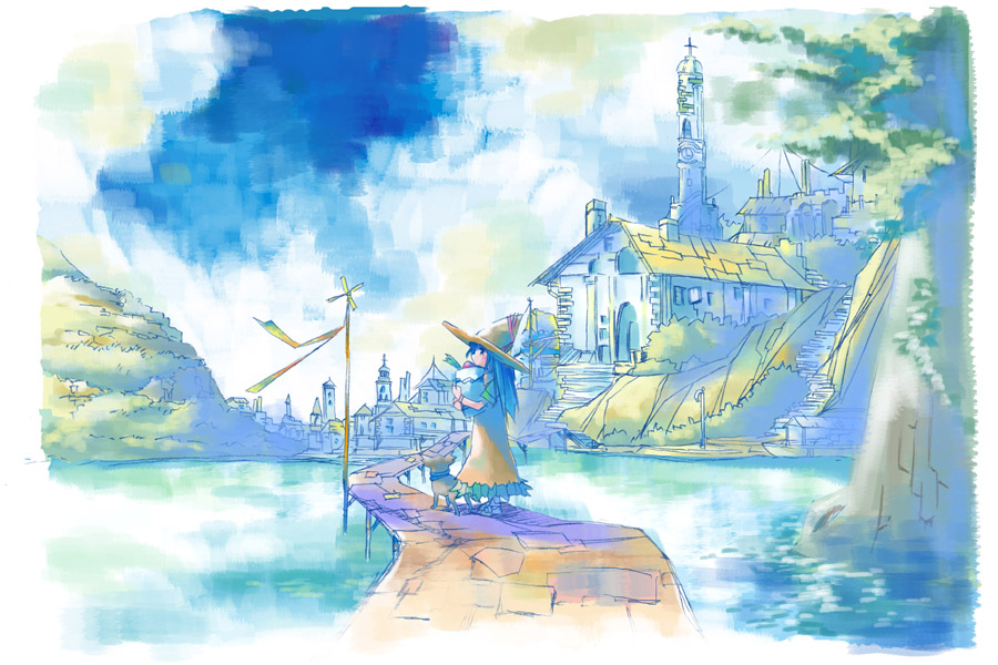 artist_request blue_hair boat bridge child city cloud cross day dog dress fantasy hat house long_hair original scenery sky solo stairs tower tree water watercraft witch_hat