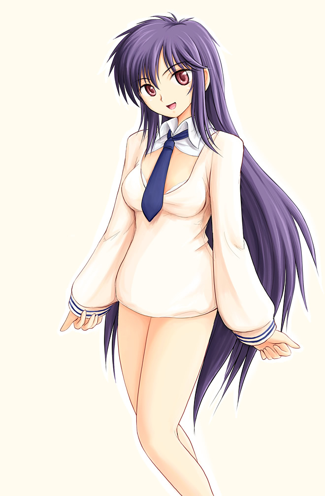 :d bare_legs blue_hair bra brown_eyes detached_sleeves head_tilt lingerie long_hair long_sleeves looking_at_viewer necktie open_mouth ryp simple_background smile solo standing tsuyokiss underwear very_long_hair white_bra yashi_nagomi yellow_background
