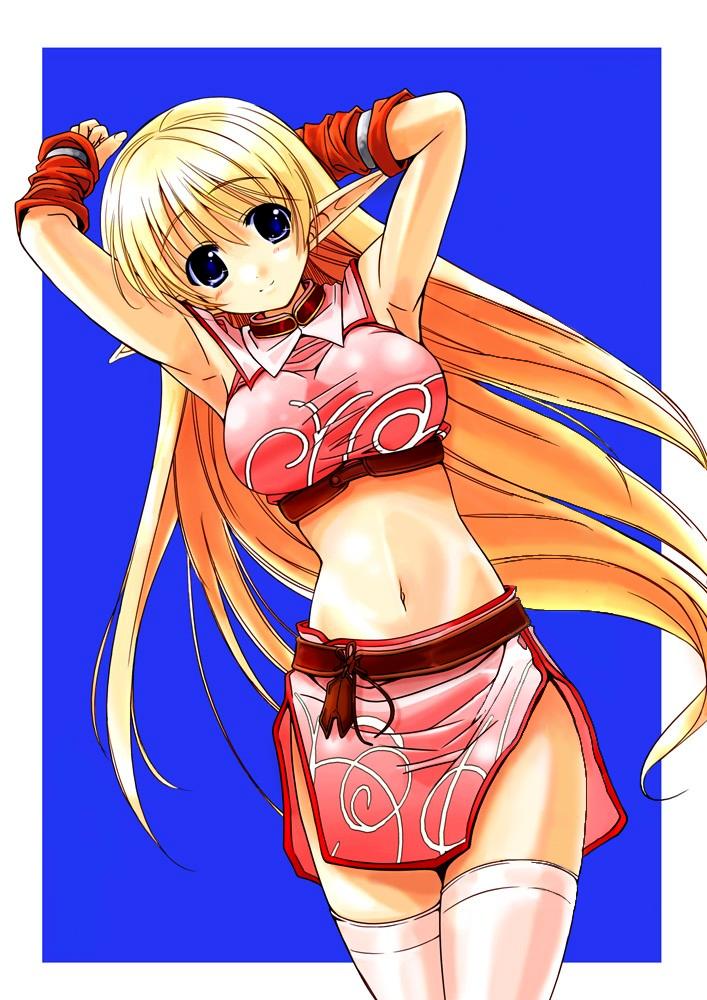aokawa_daisuke armpits arms_up belt blonde_hair blue_eyes breasts crop_top elf jpeg_artifacts large_breasts lineage long_hair midriff navel pink_legwear pointy_ears shirt simple_background solo taut_clothes taut_shirt thighhighs