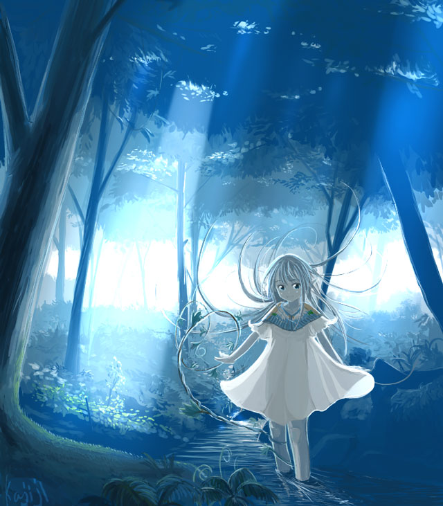 blue dress floating_hair forest kajiji long_hair nature original scenery solo stream very_long_hair wading water