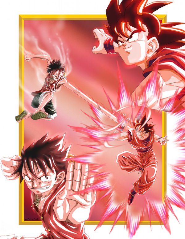 battle crossover dragon_ball gear_second kaio_ken male_focus monkey_d_luffy multiple_boys one_piece red son_gokuu