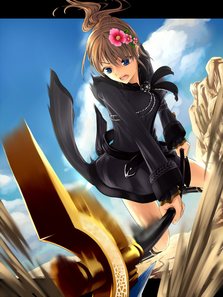 attack bad_id bad_pixiv_id black_dress blue_eyes brown_hair cloud day desert dress fantasy_earth_zero flower hair_ornament open_mouth polearm ponytail sand sky solo visualcat weapon