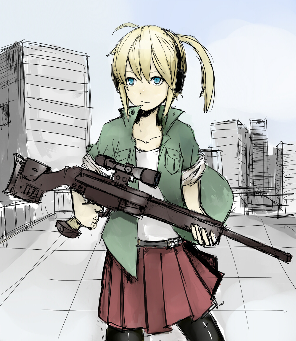 ahoge bad_id bad_pixiv_id blonde_hair blue_eyes ear_protection gun iris_(material_sniper) materia_candy material_sniper pantyhose ponytail psg-1 rifle rooftop scope sketch skirt sleeves_rolled_up sniper_rifle solo weapon