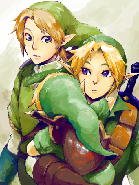 artist_request blonde_hair blue_eyes carrying hat link male_focus master_sword multiple_boys multiple_persona pointy_ears shield sword tegaki the_legend_of_zelda the_legend_of_zelda:_ocarina_of_time the_legend_of_zelda:_twilight_princess time_paradox weapon young_link