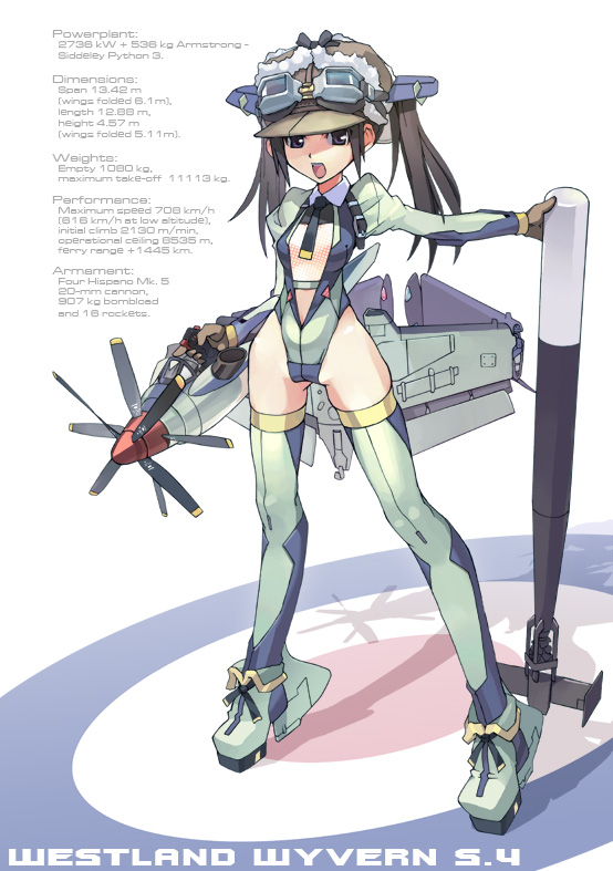 aircraft airplane aviator_cap contra-rotating_propellers duplicate goggles goggles_on_head mecha_musume military open_mouth original personification phase_shift solo torpedo twintails wyvern_(airplane)