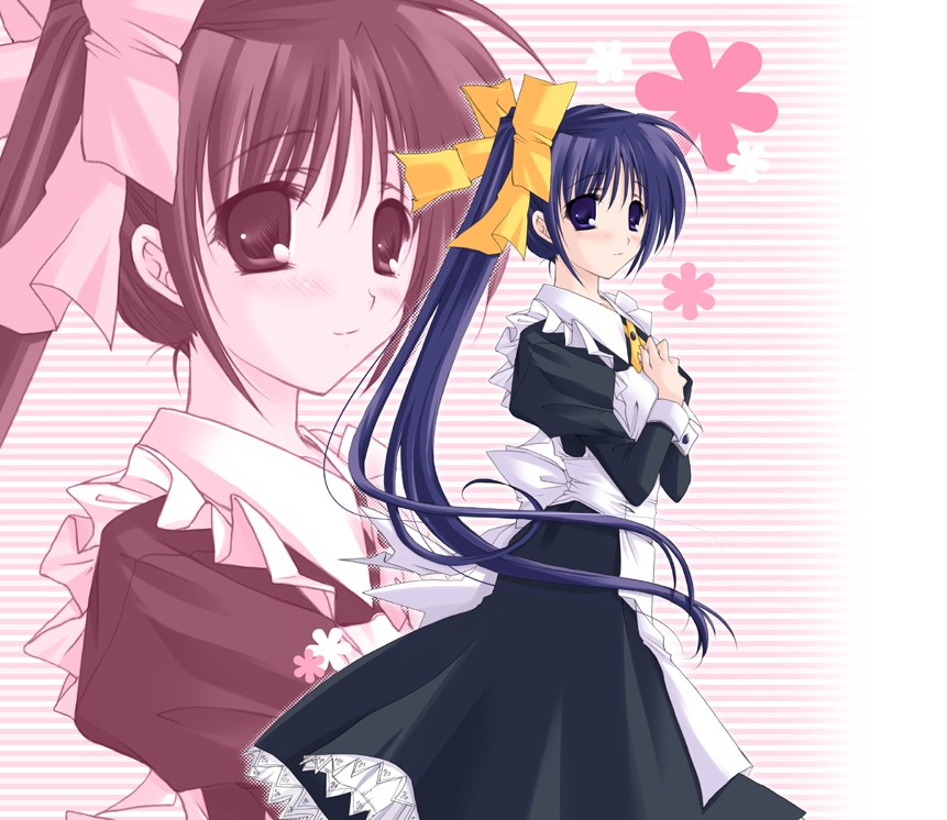 blue_eyes blue_hair bow hands_clasped hayashi_sakura itou_noemi long_hair long_sleeves maid own_hands_together side_ponytail solo waitress with_you yellow_bow
