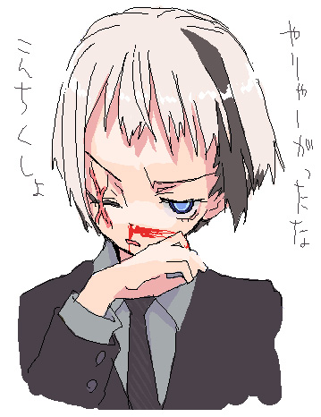 bikko black_neckwear blood blood_on_face blue_eyes formal lowres multicolored_hair necktie oekaki one-eyed original scar scar_across_eye short_hair solo suit translated two-tone_hair yoshida_on