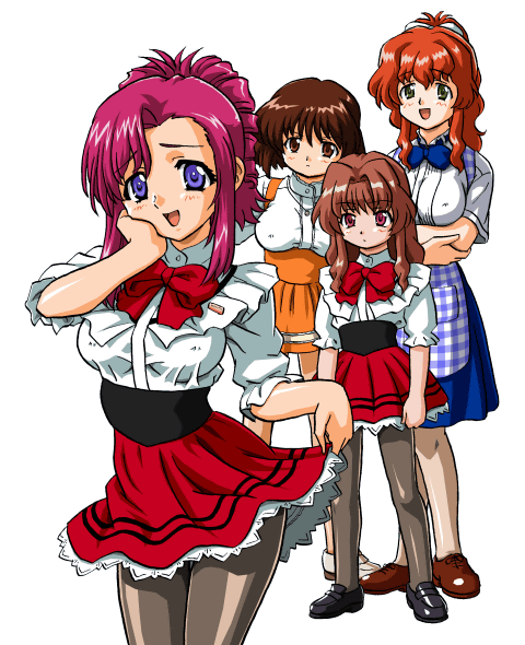 anna_miller apron bandabekken bronze_parrot herikawa_koishi kazami_mizuho koubeya_uniform misumi_kaede morino_ichigo multiple_girls onegai_teacher orange_skirt pantyhose plaid plaid_apron skirt waitress