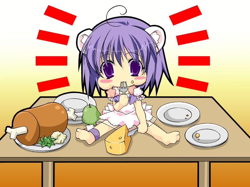:3 ahoge animal_ears anklet blush boned_meat chibi eating food food_on_face game_cg hatsune_(relict) jewelry meat minazuki_haruka mouse_ears purple_eyes purple_hair relict_~toki_no_wasuremono~ sitting solo spread_legs