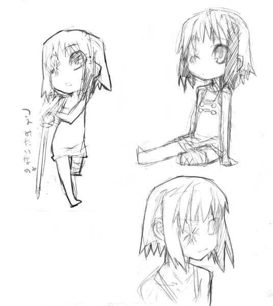 amputee bandages bikko chibi crutch greyscale monochrome multicolored_hair multiple_views one-eyed original scar scar_across_eye sketch two-tone_hair yoshida_on