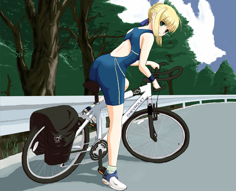 ahoge alternate_costume artoria_pendragon_(all) ass back bangs bare_shoulders bicycle blonde_hair chevrolet cloud day fate/stay_night fate_(series) from_side full_body green_eyes ground_vehicle guard_rail hair_bun hair_ribbon head_tilt leaning_forward leg_lift light_smile logo looking_at_viewer looking_back outdoors ribbon riding road saber shoes short_hair sidelocks sky smile sneakers socks solo tree unitard wristband