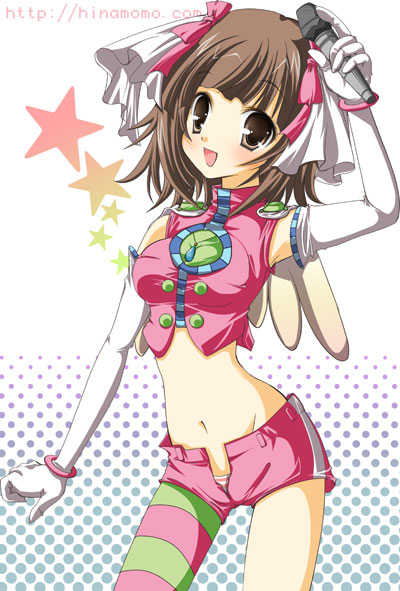 amami_haruka asymmetrical_clothes blush cosmic_&amp;_funny_(idolmaster) crop_top elbow_gloves gloves halftone halftone_background hinata_momo idolmaster idolmaster_(classic) idolmaster_1 microphone midriff navel open_fly open_mouth panties pantyhose shirt smile solo star striped striped_panties taut_clothes taut_shirt underwear unzipped white_gloves