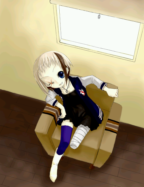 amputee artist_request bandages bikko black_dress blue_eyes blue_legwear couch dress from_above jacket jewelry letterman_jacket multicolored_hair necklace one-eyed original scar scar_across_eye short_dress short_hair smile solo two-tone_hair window