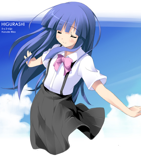 black_skirt blue_eyes blue_hair bow bowtie character_name closed_eyes copyright_name day furude_rika higurashi_no_naku_koro_ni kantoku long_hair outstretched_arms pink_bow pleated_skirt ribbon school_uniform short_sleeves skirt sky smile solo spread_arms suspenders