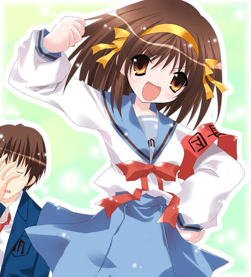 1girl armband bad_anatomy blue_sailor_collar brown_hair kita_high_school_uniform kyon long_sleeves paco sailor_collar school_uniform serafuku short_hair suzumiya_haruhi suzumiya_haruhi_no_yuuutsu