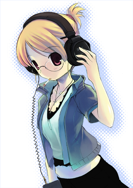 blonde_hair breasts cardigan cigarette cleavage cross dutch_angle glasses hand_on_ear headphones hiiro_yuki jewelry latin_cross midriff necklace original polka_dot red_eyes short_hair simple_background small_breasts solo