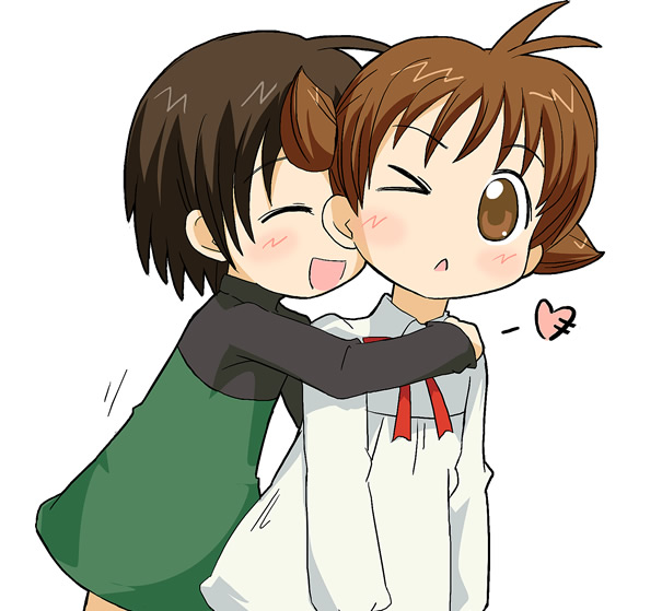 :d :o animal_yokochou brown_hair closed_eyes dress heart hug hug_from_behind ixy ku-chan long_sleeves matsuzaki_ami multiple_girls one_eye_closed open_mouth simple_background smile upper_body white_background white_dress wince