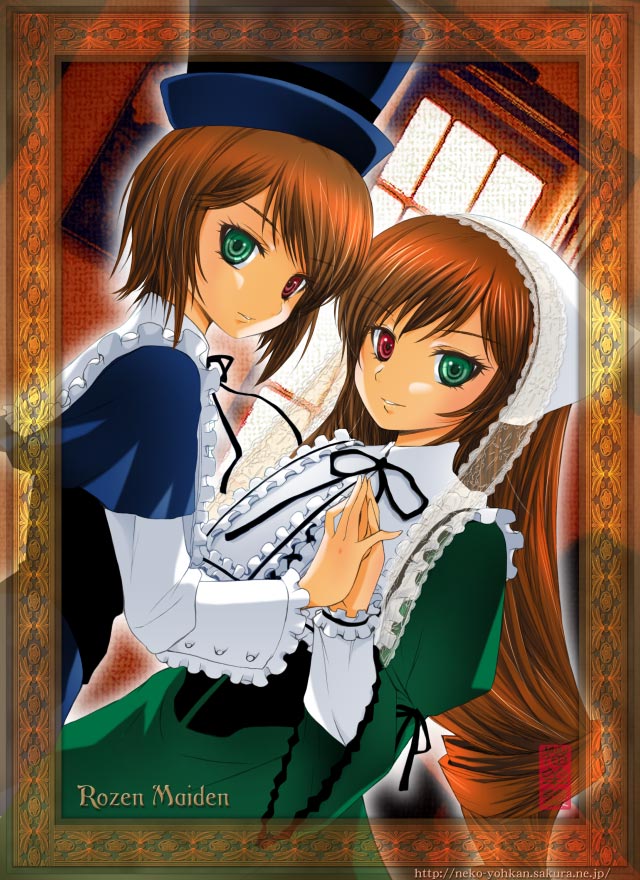 black_ribbon blue_dress brown_hair copyright_name dress dutch_angle frills green_eyes hands_together hat head_scarf heterochromia indoors long_sleeves looking_at_viewer maira_gen multiple_girls red_eyes ribbon rozen_maiden siblings sisters souseiseki suiseiseki top_hat twins upper_body