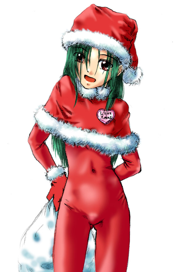 arms_behind_back artist_request bodysuit character_request christmas copyright_request gloves green_hair hat heart long_hair long_sleeves red_bodysuit red_eyes red_gloves santa_costume santa_hat shawl smile solo