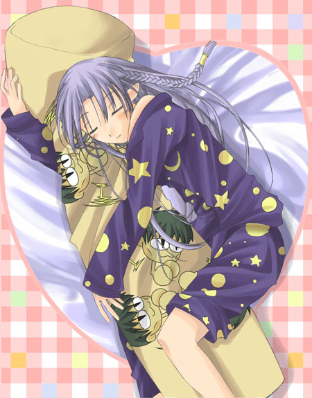 :3 artist_request caster closed_eyes dakimakura_(object) fate/stay_night fate_(series) long_sleeves pajamas pillow sleeping solo