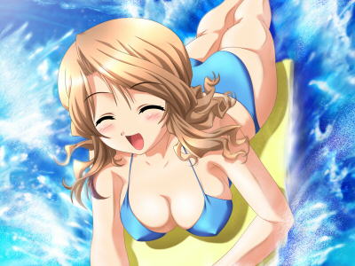 artist_request bikini breasts brown_hair closed_eyes copyright_request covered_nipples day game_cg lowres medium_breasts solo surfboard swimsuit