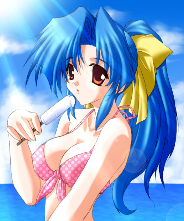 artist_request beach bikini blue_eyes breasts cloud copyright_request covered_nipples day food long_hair medium_breasts ocean outdoors ponytail popsicle solo swimsuit water