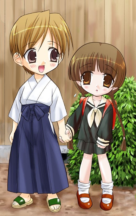 backpack bag chibi hasekura_rei holding_hands japanese_clothes long_sleeves maria-sama_ga_miteru multiple_girls sata_(sat) school_uniform shimazu_yoshino