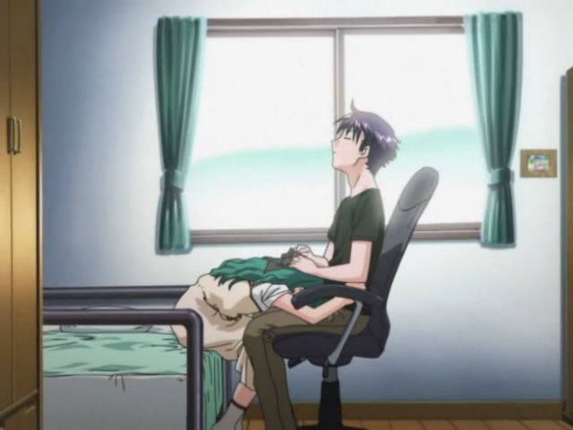 1girl bed green_hair indoors kamishiro_maiku onegai_twins onodera_karen pants purple_hair screencap sexually_suggestive socks tears
