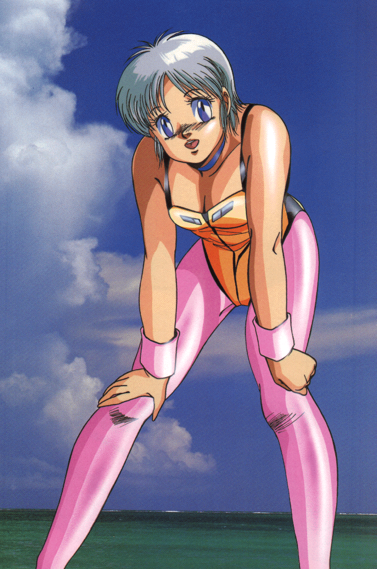 80s :d armband bent_over blue_eyes blush breasts choker cleavage cloud dangaiou day hirano_toshihiro lambda_nom leotard ocean oldschool open_mouth outdoors pantyhose pink_legwear shiny shiny_clothes silver_hair sky small_breasts smile solo water yellow_leotard