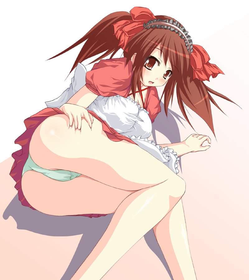 apron arm_support asahina_mikuru ass ass_grab brown_hair grabbing_own_ass green_panties hair_ribbon headdress labia lying on_side panties pantyshot pantyshot_(lying) red_skirt ribbon skirt solo suzumiya_haruhi_no_yuuutsu tekehiro thighs twintails underwear waitress