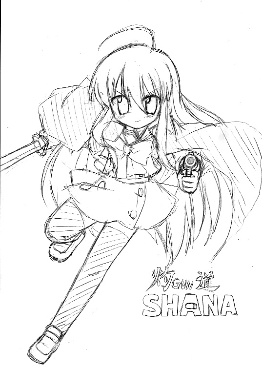chirorian greyscale gun gundou_musashi monochrome parody school_uniform shakugan_no_shana shana solo sword thighhighs weapon