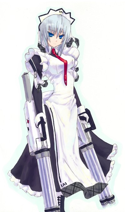 dual_wielding gatling_gun gun holding long_sleeves maid owari_no_chronicle sf solo weapon