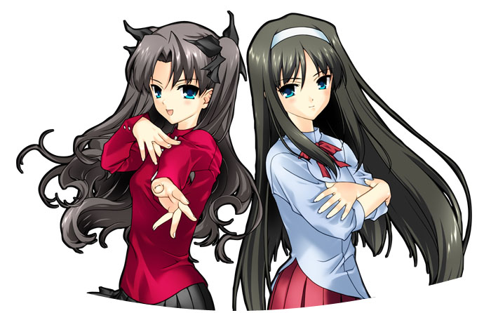 black_hair bow crossed_arms crossover fate/stay_night fate_(series) green_eyes hair_bow hairband hand_on_own_chest long_hair long_sleeves multiple_girls naruse_hirofumi toono_akiha toosaka_rin tsukihime turtleneck very_long_hair white_hairband