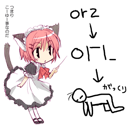 :o animal_ears cat_ears cat_tail chibi diagram directional_arrow lowres maid original orz pantyhose pink_hair simple_background tail tamaoka_kagari translated