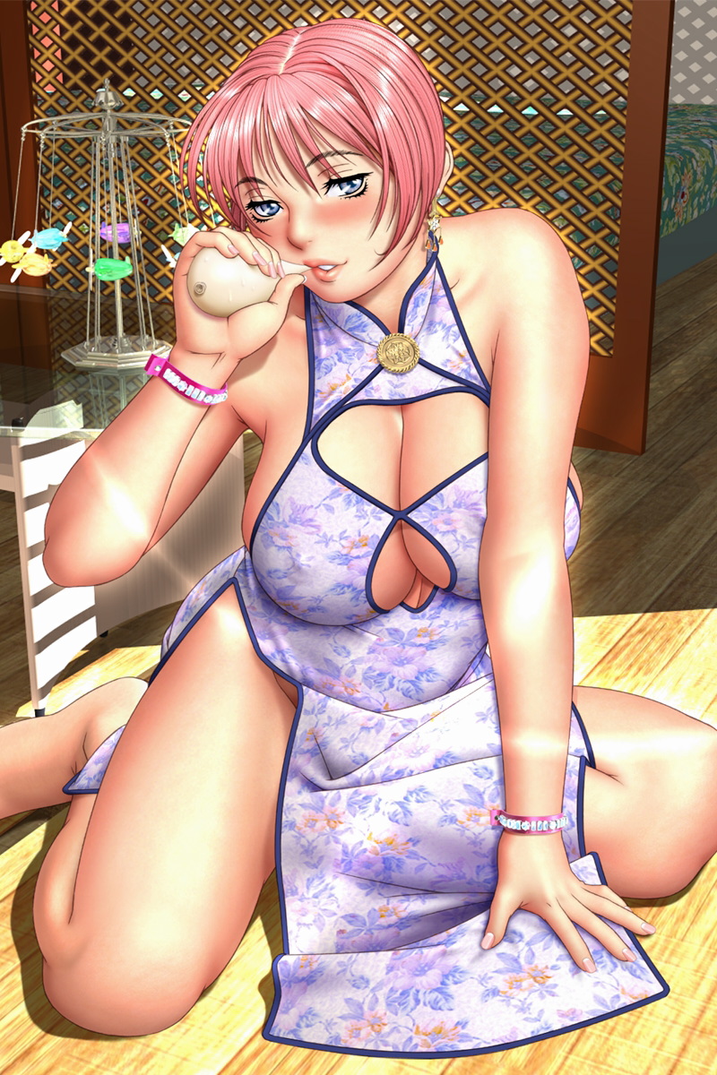 3d :d alcohol arm_support bangs bare_shoulders barefoot bed blue_eyes bracelet breasts china_dress chinese_clothes cleavage cleavage_cutout covered_nipples curvy dress earrings fingernails floral_print game_cg glass grin highres huge_breasts indoors jewelry leaning_forward legs light_rays lips lipstick long_fingernails makeup mature nail_polish naughty_face no_bra no_panties on_floor open_mouth pink_hair pink_nails sake shiny shiny_hair short_hair side_slit sideboob sister_mermaid smile solo spread_legs sunbeam sunlight table tsukasa_jun turtleneck utsumi_sara wooden_floor