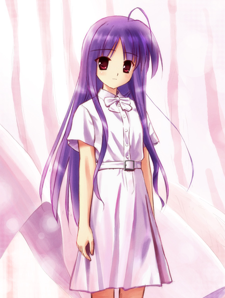 ahoge belt bow bowtie dress long_hair looking_at_viewer original orino_yushi purple_hair red_eyes solo very_long_hair white_dress