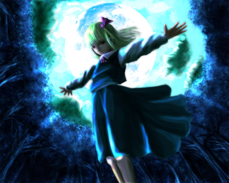 aojiru_(shiro_to_kuro_no_mukyou) blonde_hair forest full_moon hair_ribbon long_sleeves moon nature necktie non-web_source outstretched_arms realistic red_eyes ribbon rumia short_hair solo spread_arms touhou