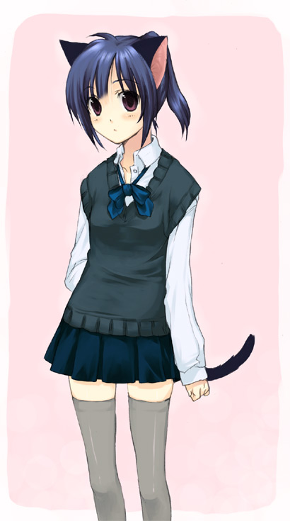 animal_ears cat_ears copyright_request long_sleeves miniskirt ponytail school_uniform skirt solo sweater sweater_vest tail thighhighs usashiro_mani vest zettai_ryouiki