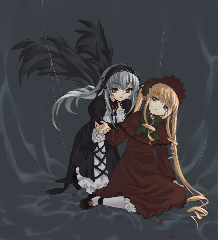 black_wings blonde_hair bonnet dress floating_hair flower hairband hand_on_another's_face head_tilt holding_hand holding_hands kneeling long_hair long_sleeves marionette multiple_girls piyodera_mucha puppet red_dress rose rozen_maiden shinku silver_hair sitting string suigintou very_long_hair wings