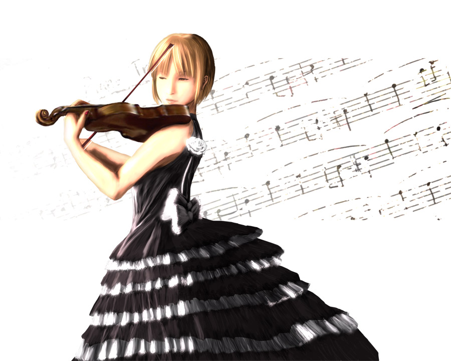 alternate_costume aojiru_(shiro_to_kuro_no_mukyou) blonde_hair instrument lunasa_prismriver no_hat no_headwear non-web_source realistic solo touhou violin