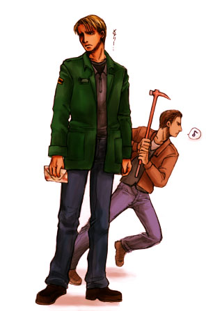 artist_request axe eighth_note harry_mason james_sunderland letter long_sleeves lowres male_focus multiple_boys musical_note running silent_hill silent_hill_1 silent_hill_2 simple_background spoken_musical_note weapon white_background