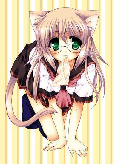 all_fours animal_ears black_legwear blush bow bow_panties cat_ears cat_tail copyright_request glasses hiroposo kneehighs long_hair looking_at_viewer miniskirt mouth_hold neckerchief orange_panties panties panties_in_mouth school_uniform serafuku skirt socks solo tail underwear