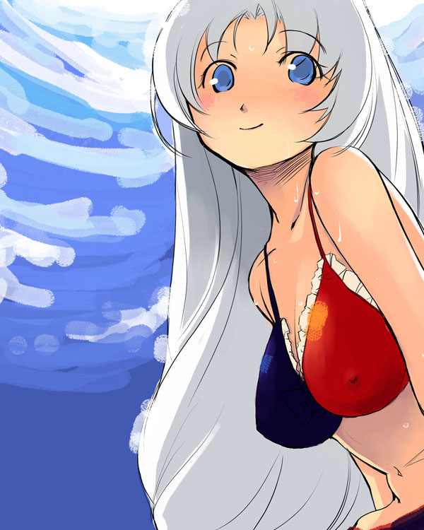 adapted_costume alternate_hairstyle bangs bikini blue_eyes blue_sky blush breasts cleavage cloud covered_nipples day leaning_forward long_hair looking_at_viewer medium_breasts navel outdoors parted_bangs sitting sky smile solo straight_hair sweat swimsuit touhou upper_body very_long_hair white_hair yagokoro_eirin yuu_(kfc)